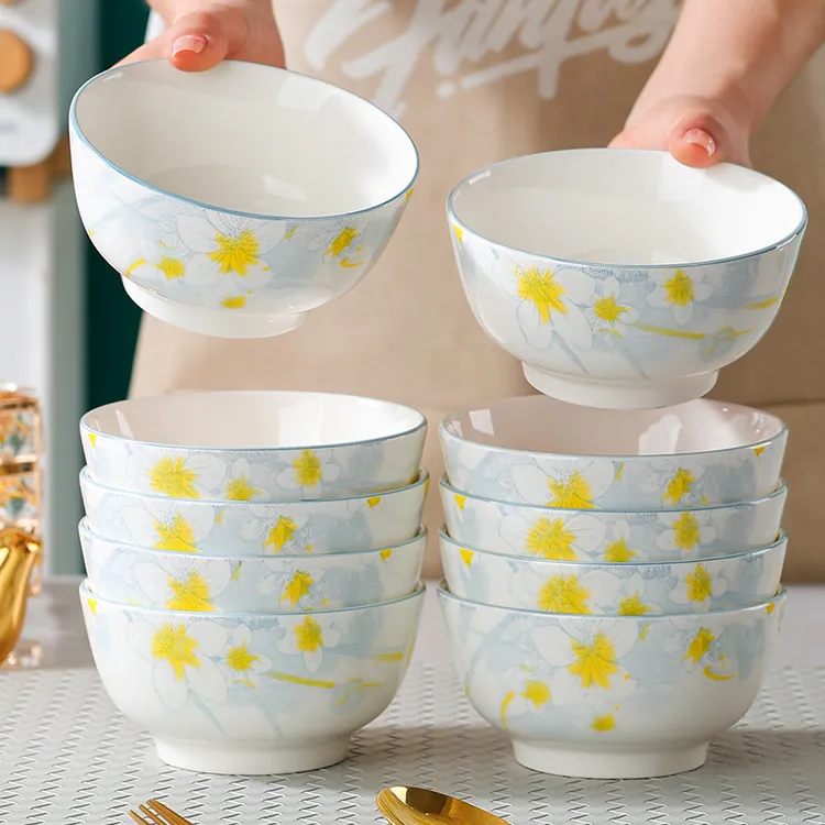 10个装陶瓷吃饭碗家用5英寸大号米饭碗釉下彩瓷碗新款餐具批发碗