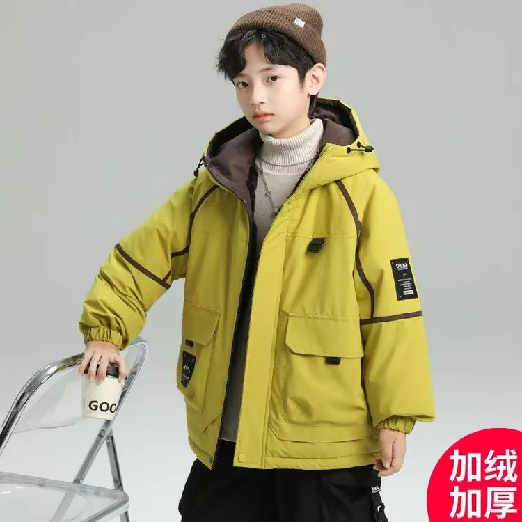 男童加绒外套秋冬装2025新款中大童男孩冬季冲锋衣儿童加厚派克服