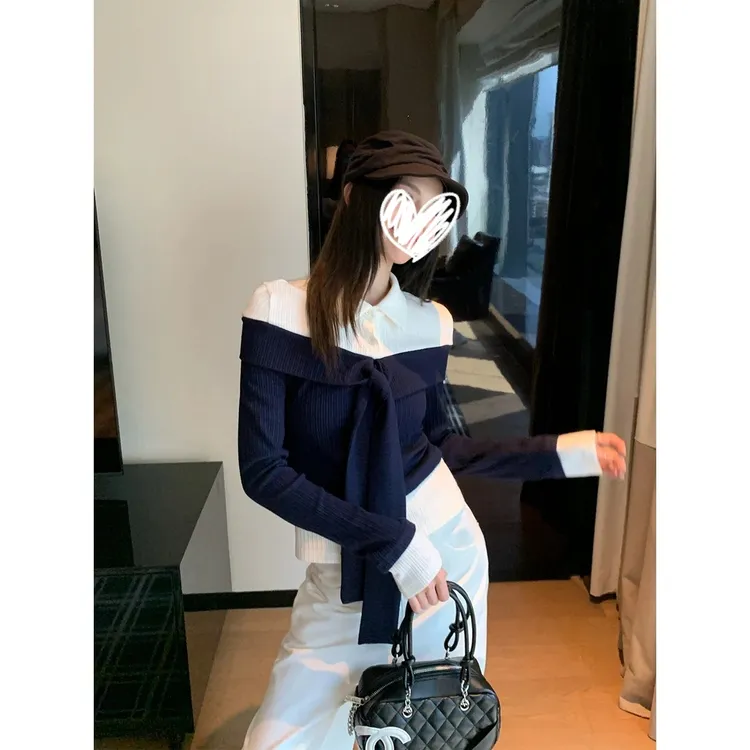 撞色假两件polo领长袖t恤女秋季早秋短款修身紧身内搭打底衫上衣