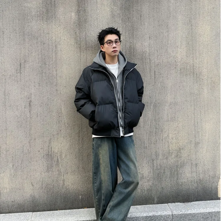 美式假两件PU皮连帽棉衣男潮牌短款廓形夹克外套冬季加厚保暖棉袄