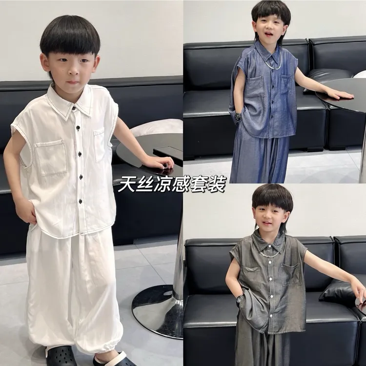 轩轩家儿童套装2025夏季新款薄款牛仔衬衫套装男女童时尚三件