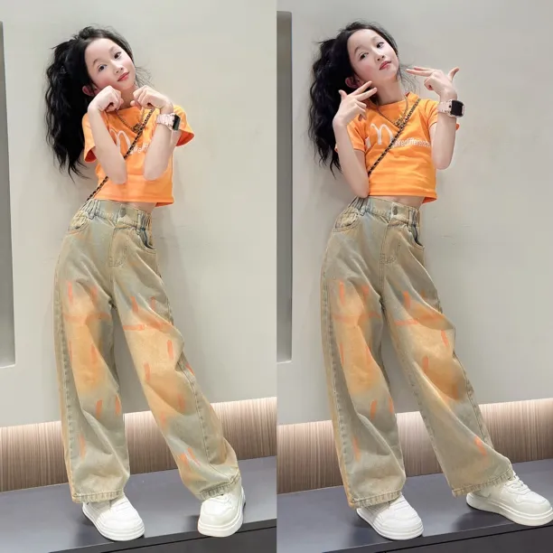 女童2025高腰T恤橙色水洗涂鸦直筒牛仔裤新款宽松显瘦直