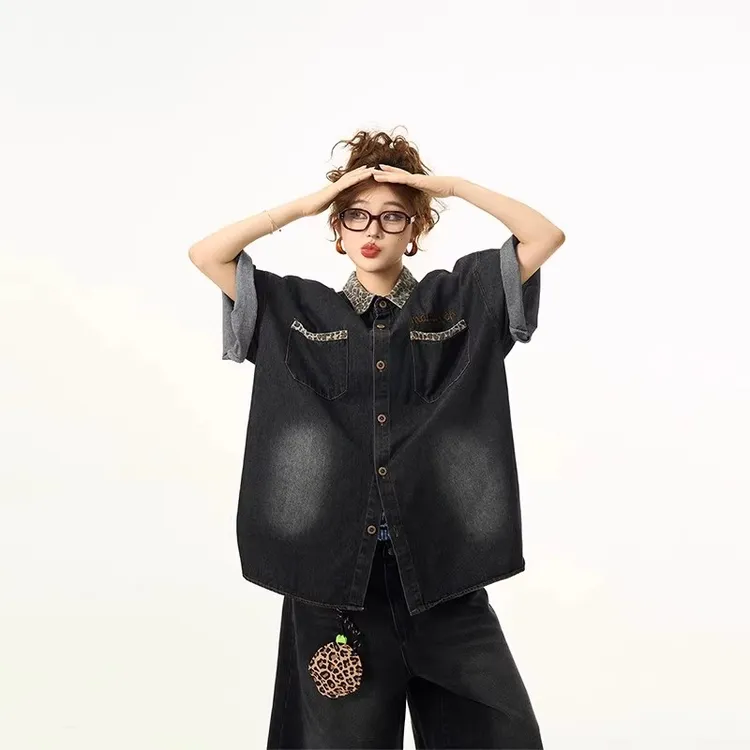 美式小众设计豹纹拼接牛仔短袖衬衫男女vintage复古街头夏季外套