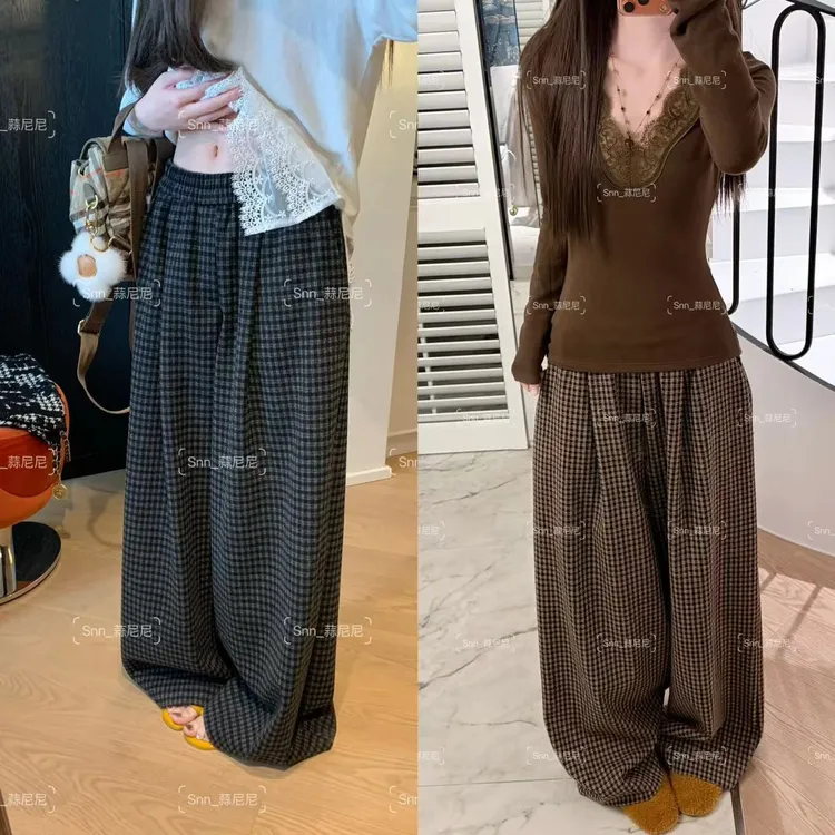 【磨毛厚格纹】松紧腰韩系阔腿裤有质感复古显瘦宽松直筒裤子6397