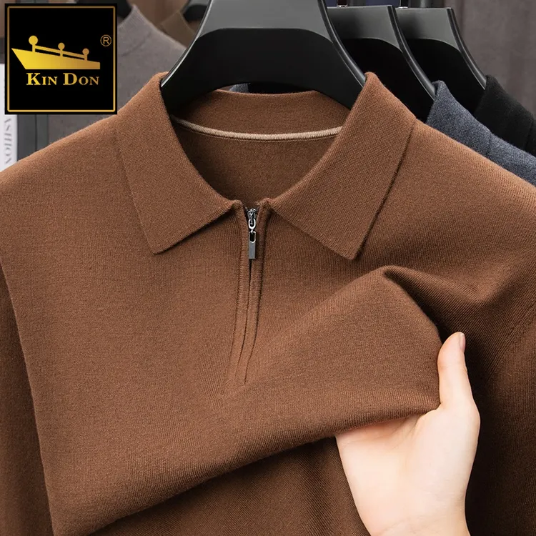 金盾半拉链翻领针织衫毛衣男士秋冬季新款含绵羊毛纯色休闲打底衫