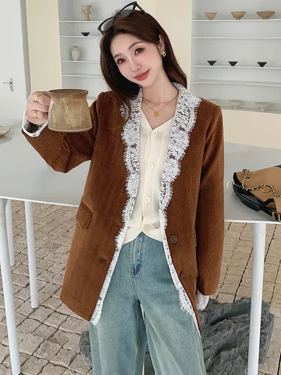宽松型蕾丝女式复古小香风西装上衣春秋百搭日常通勤外套