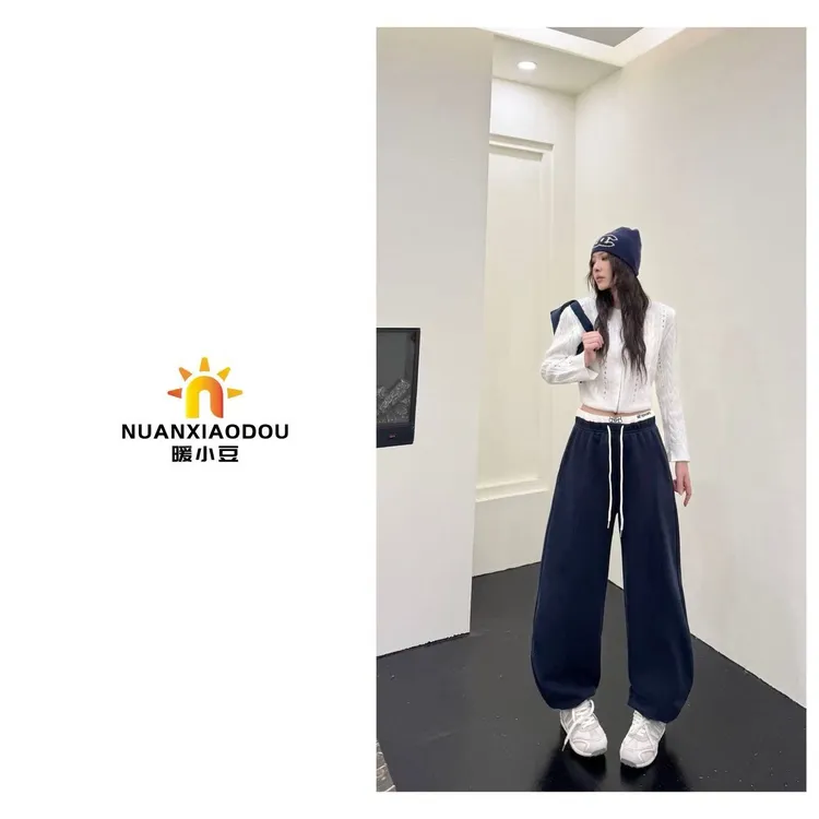 暖小豆「加绒拼腰小弯刀裤」冬潮款字母腰头弯刀休闲裤66068