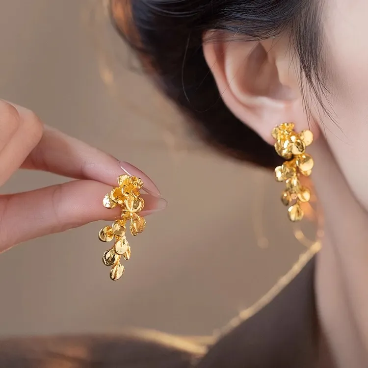 铜合金耳饰 鎏金枝叶~金色树叶流苏耳环女2025新款高级感独特耳钉