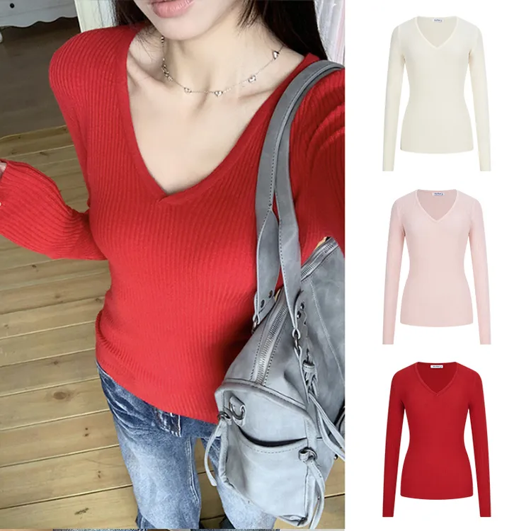 Moses Queen/魔西女王红色纯欲辣妹针织长袖T恤修身显瘦打底衫