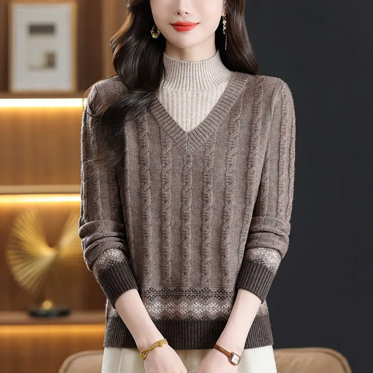 秋冬时尚洋气大码外穿假两件毛衣女宽松显瘦遮肉半高领针织打底衫