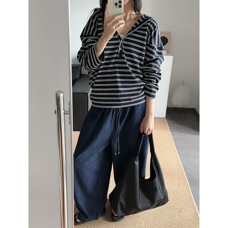 925美式条纹撞色连帽长袖卫衣针织衫女初秋新款慵懒宽松打底帽衫