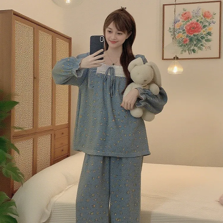 炸姐长袖睡衣女春秋季2025新款蓝色碎花大码套装休闲可外穿家居服
