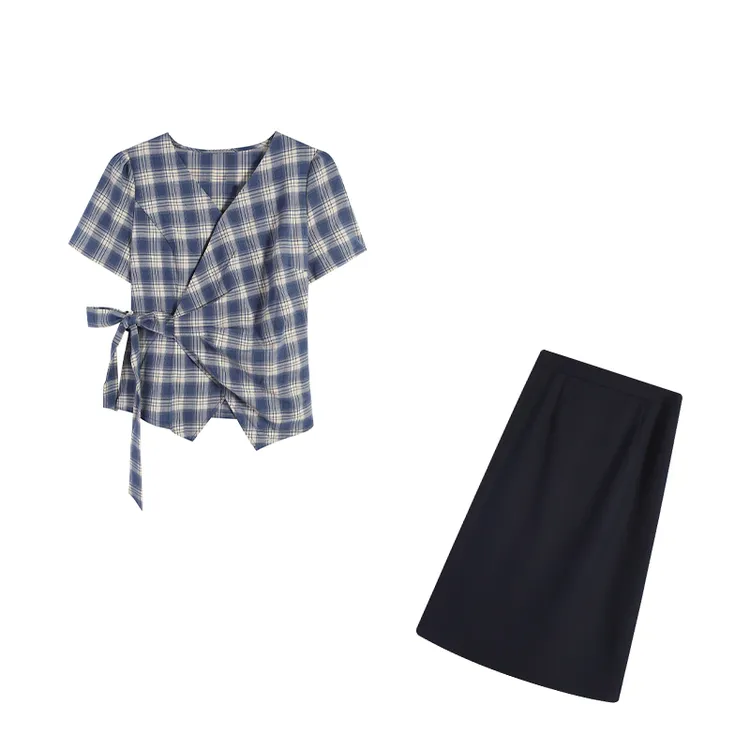  五季家大码高定【星梦岛】格子衬衫+长短裙两件套ZL108114