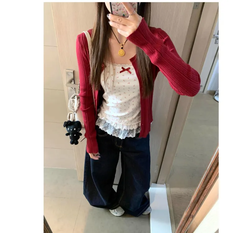 通勤INS风红色修身针织开衫女外搭2025春秋新款辣妹上衣T恤两件套