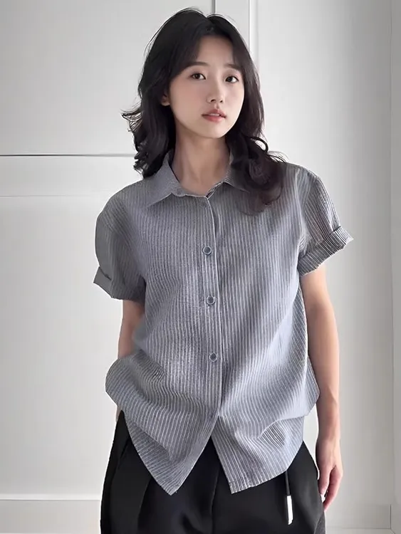 美式复古风条纹polo领衬衫女2025夏季新款短袖修身百搭气质上衣潮