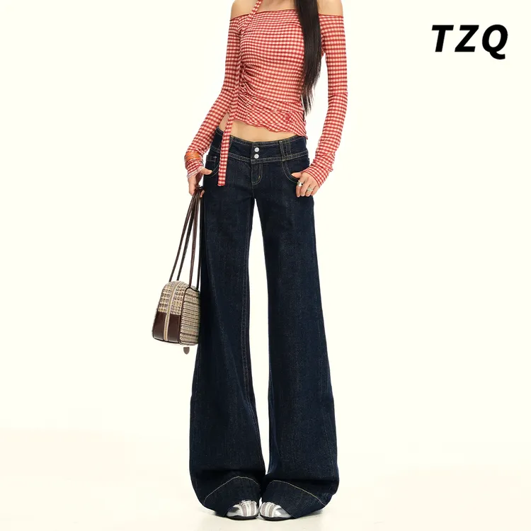 低腰深蓝色牛仔裤女2025秋季新款百搭显瘦不贴腿微叭裤TZQ2590433