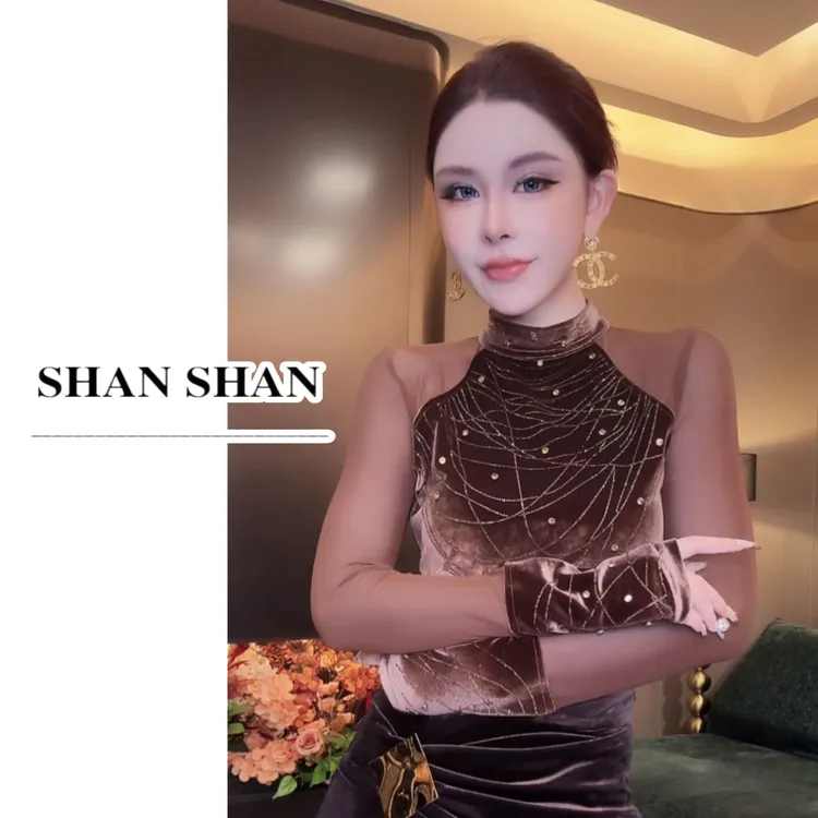 SS姗姗 秋冬立领丝绒线条钻网纱长袖打底T恤上衣 51070295-341