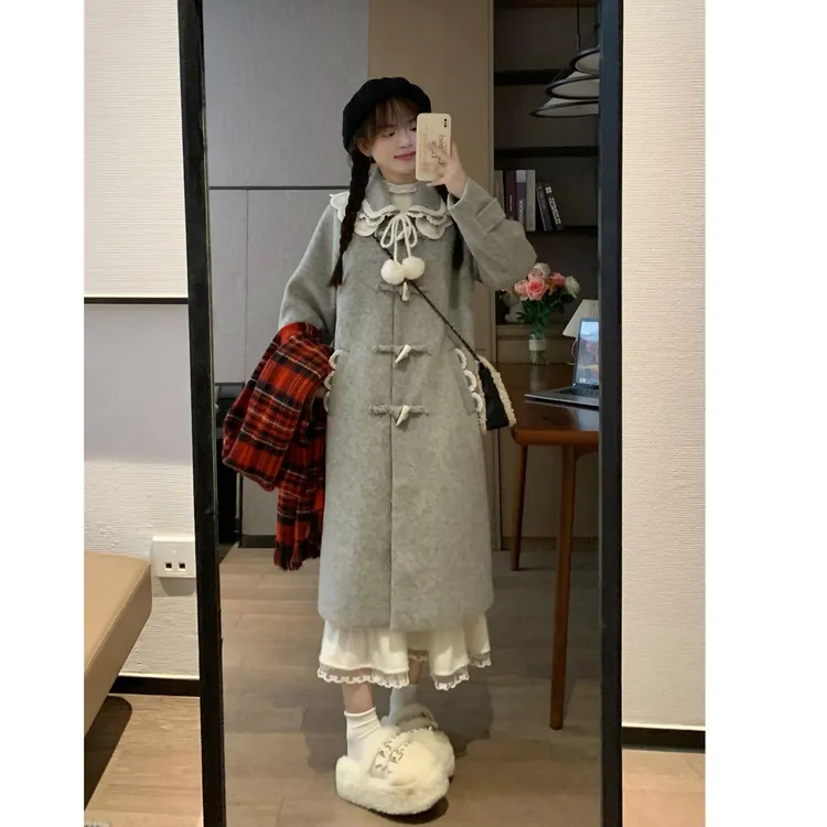 秋冬新款花边领设计加厚中长款灰色呢子大衣百搭毛呢外套女