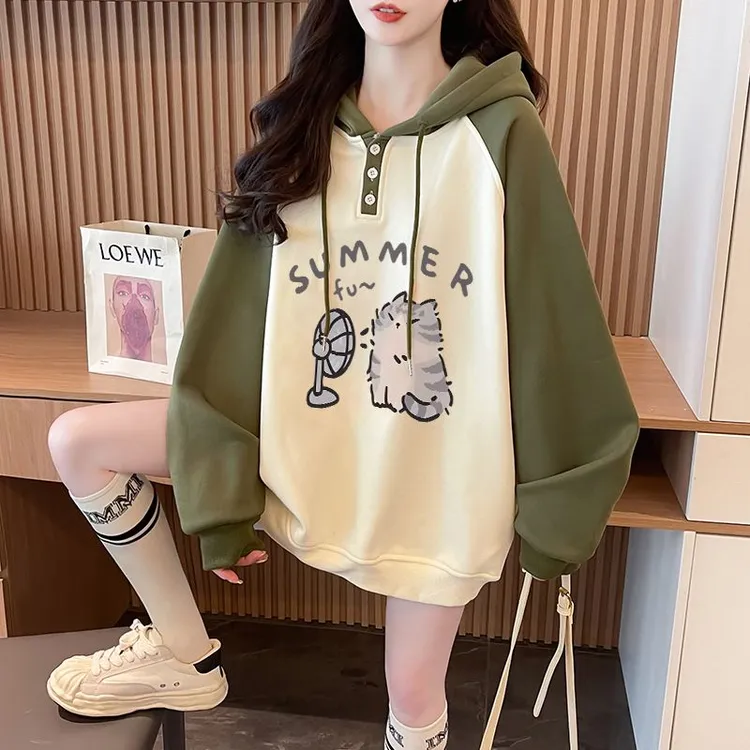 小猫咪拼色卫衣女早秋ins潮春秋季爆款连帽卡通印花2025新款上衣