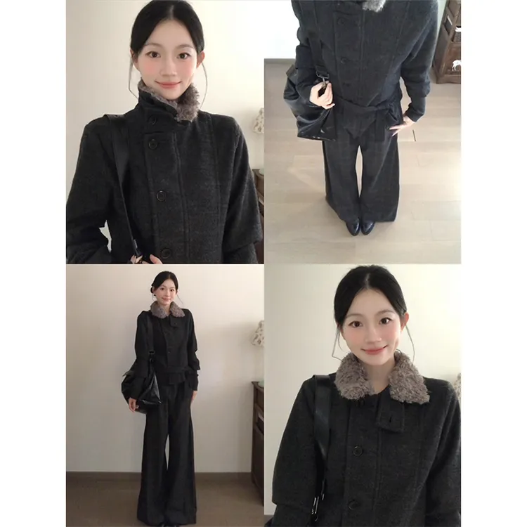 MARIE.COCO秋冬新款复古设计感毛领毛呢外套上衣阔腿休闲裤套装