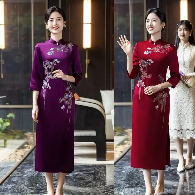 2025秋冬【正品苏绣】紫色旗袍三醋酸修身显瘦喜妈妈婆婆婚宴礼服L