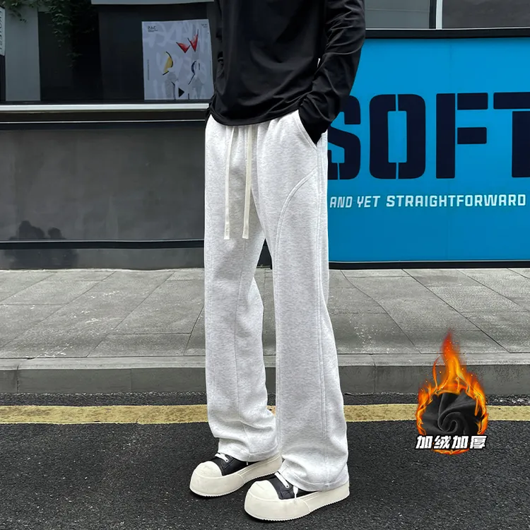 浅灰色斜切微喇卫裤男女同款美式复古cleanfit裤子弯刀直筒休闲裤