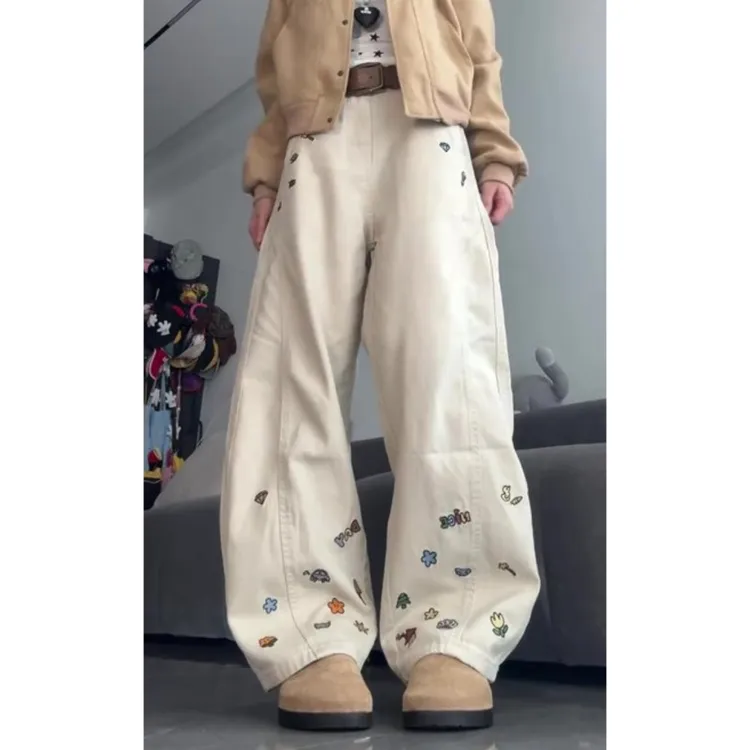复古小众刺绣小众牛仔裤女2025秋季新款遮胯垂感显瘦直筒阔腿裤子