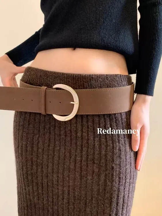 2024秋冬新款韩系反绒皮皮带高级简约色系百搭宽腰带腰封