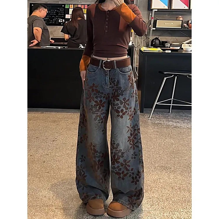 设计感印花加厚弯刀牛仔裤女秋冬2025新款大码胖宽松显瘦阔腿裤