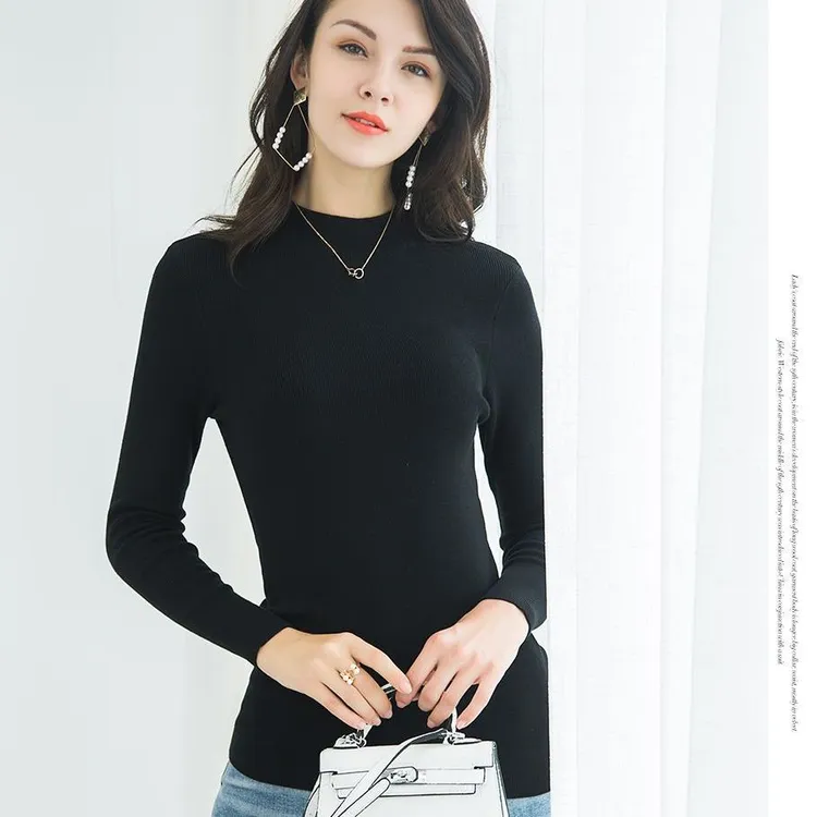 欧美风长袖针织衫女秋冬款2025新款纯色修身半高领内搭毛衣打底衫