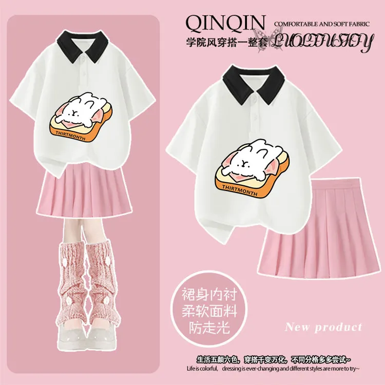 女童POLO衫短袖短裙套装夏季新款线条小狗洋气女大童两件套上衣服