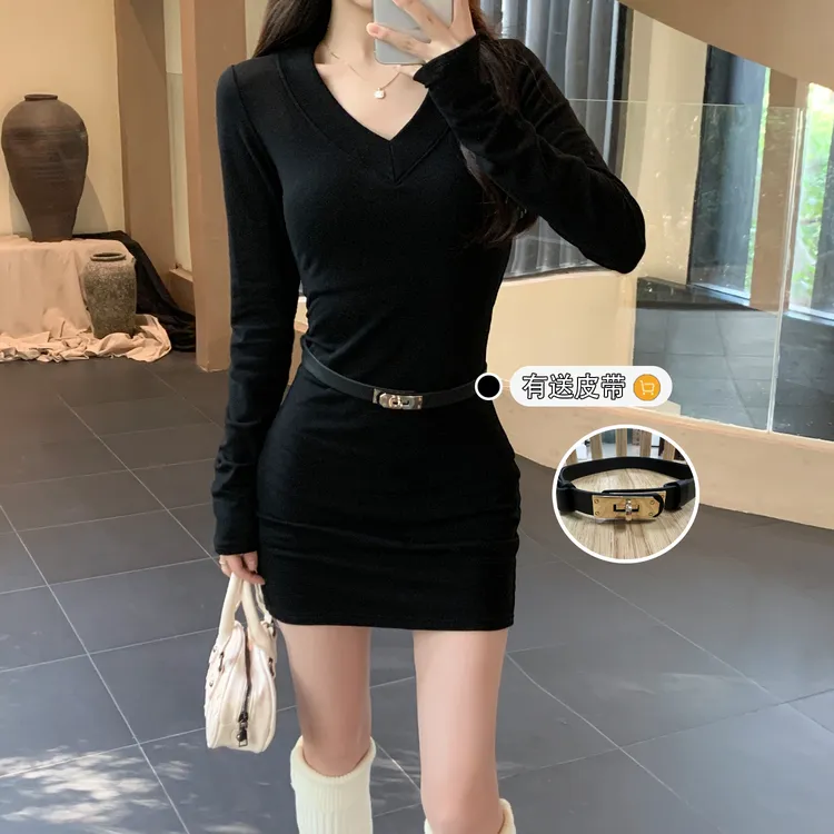 【发货超快】性感辣妹V领黑色裙女秋冬季新款修身内搭打底包臀短裙