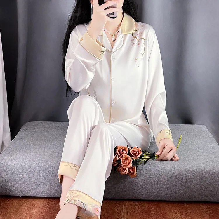 国风复古印花女士春秋长袖水光绸睡衣高级感休闲家居服