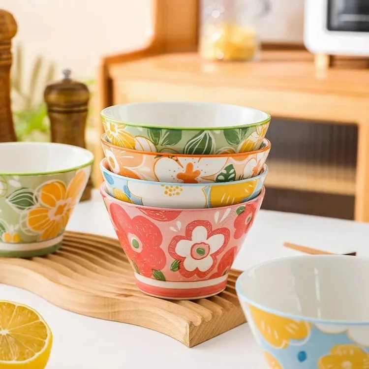 【4个装】花漾斗笠碗勺子釉下彩陶瓷饭碗高脚家用汤碗防烫餐具家用