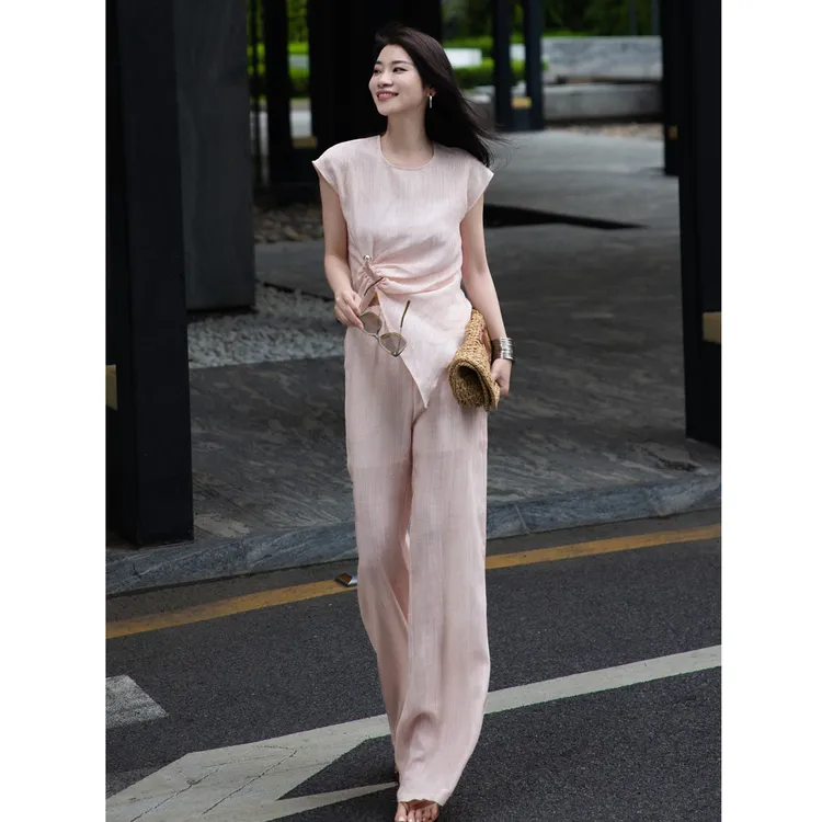 欧洲站女装法式设计感不规则 短袖上衣休闲裤套装街拍松驰感夏装