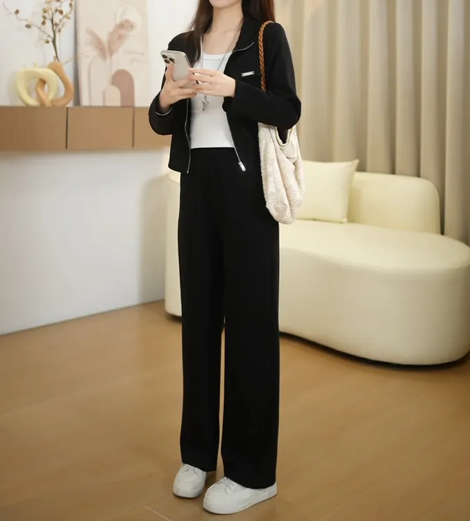 小个子女早秋高级感棉运动套装2025新款时尚休闲直筒阔腿显高裤子