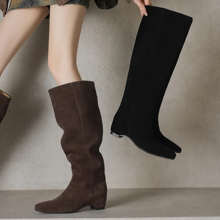 时装靴增高的长筒靴女靴大筒靴高筒靴内增高长靴女鞋堆堆靴真皮