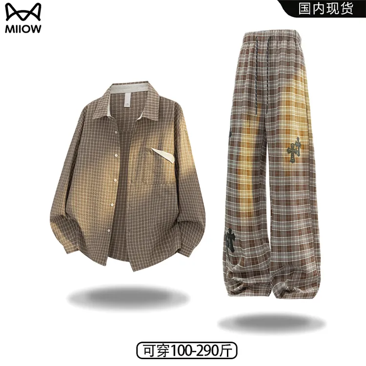 猫人套装美式格子翻领衬衫男秋季十字架刺绣直筒裤宽松潮牌两件套