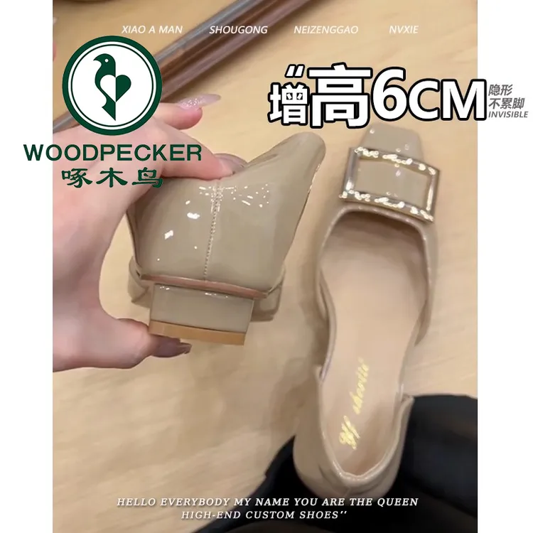 啄木鸟内增高6CM方扣单鞋女漆皮2025秋季新款气质中空方头凉鞋女