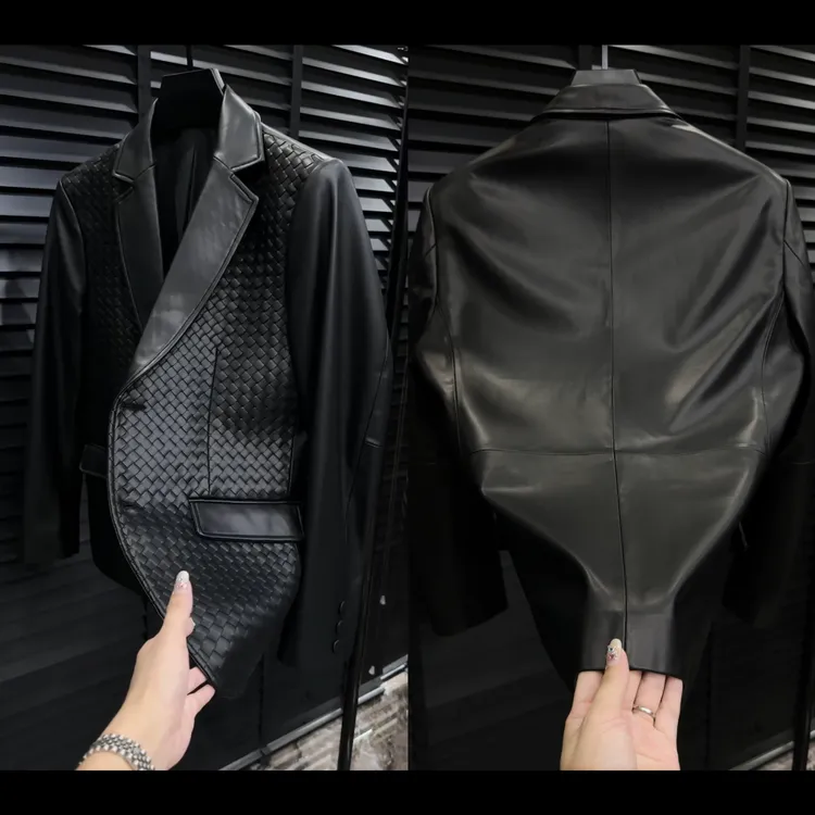 秋季轻奢男士高品质手工编织羊皮拼接休闲西服2529