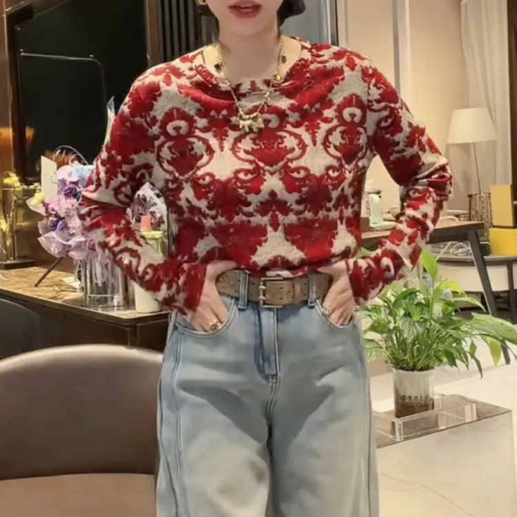 高级感法式复古提花长袖修身显瘦百搭T恤打底衫上衣