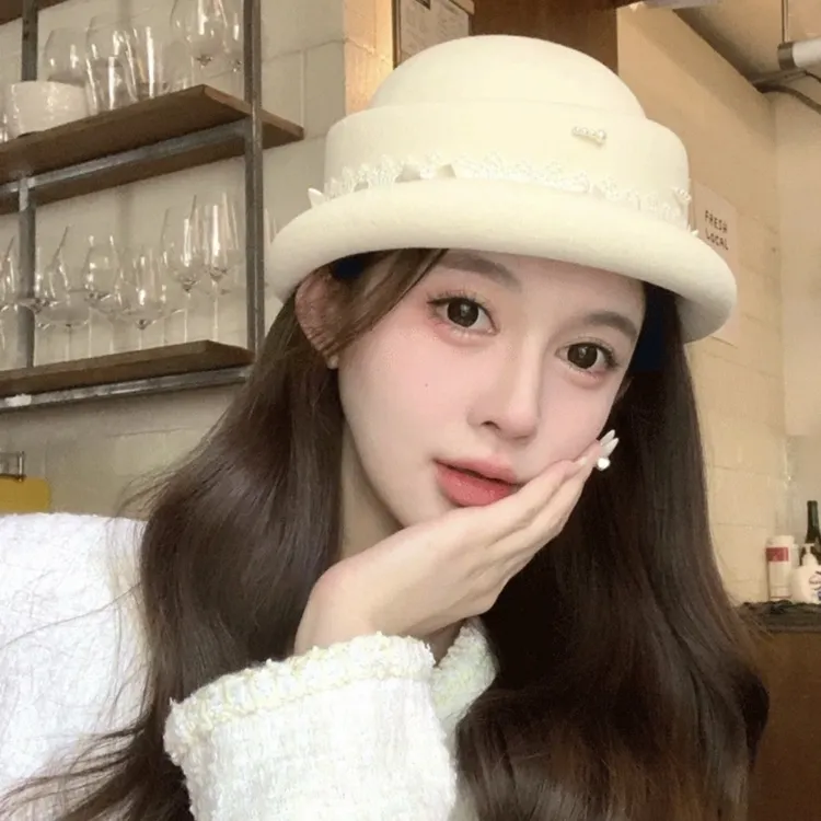 秋冬新款羊毛礼帽女时尚千金帽子显脸小盆帽日系百搭不规则八角帽