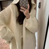 7380微胖mm秋冬韩版连帽宽松慵懒中长款针织开衫女软糯毛衣大外套