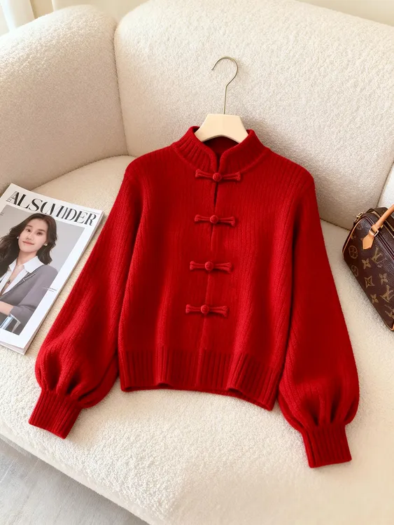 新中式国风红色立领盘扣毛衣2025秋冬超好看短款灯笼袖针织衫爆款