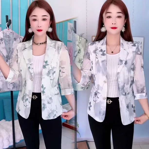 时尚印花七分袖西装外套女2025夏季新款宽松显瘦洋气妈妈薄款西服
