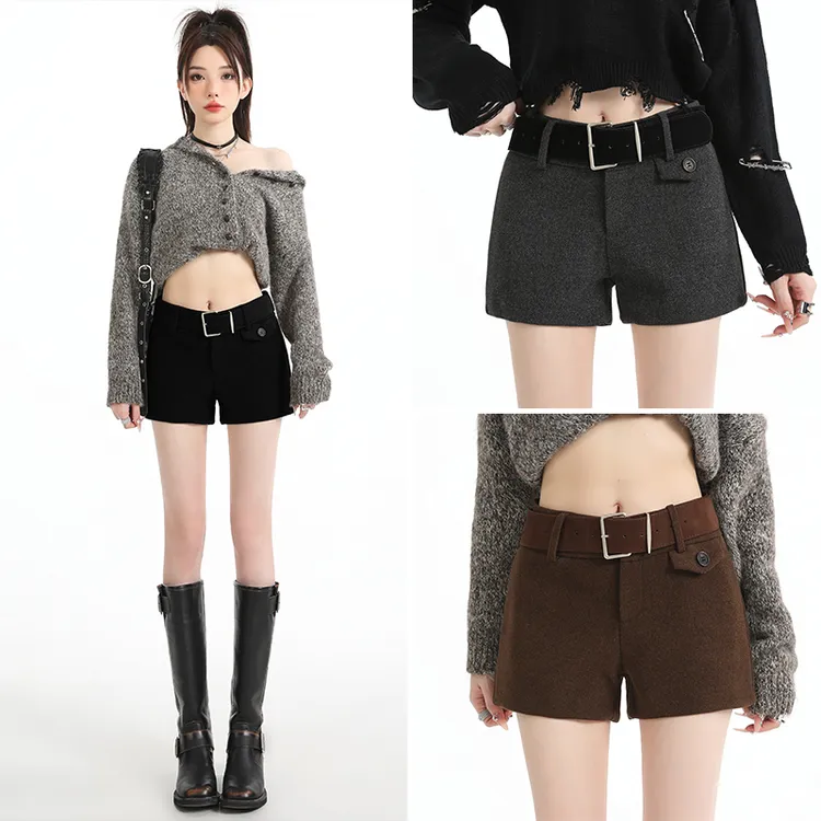 2025秋冬新款黑色毛呢短裤高腰显瘦A字包臀热裤外穿小个子靴裤女