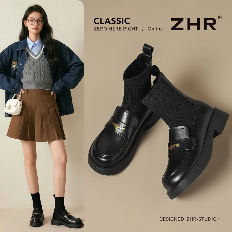 ZHR乐福短靴女2025秋冬新款英伦风弹力袜靴瘦瘦靴软底配裙小皮鞋