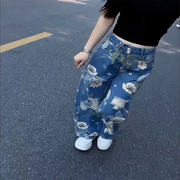 美式辣妹复古印花阔腿牛仔裤女2025夏季新款高街宽松直筒拖地裤潮
