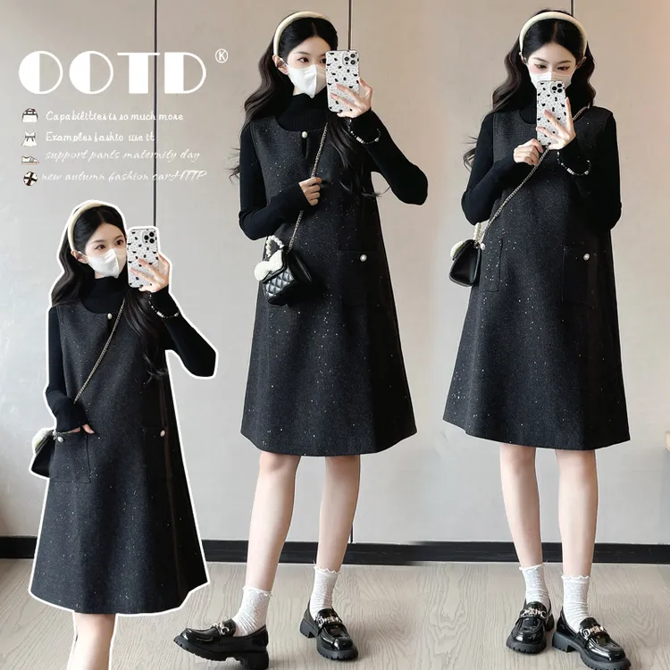 孕妇秋冬毛呢小香风连衣裙季新款黑灰色亮片高级感孕妇装秋冬装