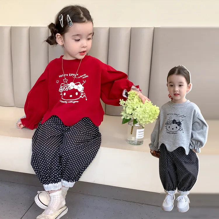 新款女童波浪边套装女宝宝洋气猫咪卫衣波点裤两件套儿童时尚秋装